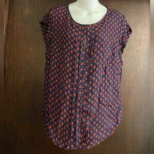 Boden Brand Navy and Red Flowers Pattern Short Sleeve Blouse Shirt Size 10